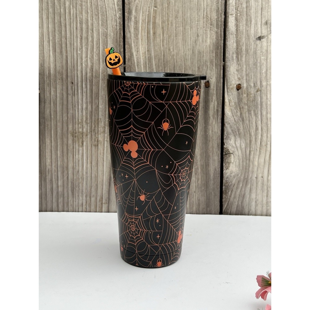 Disney Halloween Spiderweb Tumbler With Lid & Straw Black & Orange 30 Oz  New